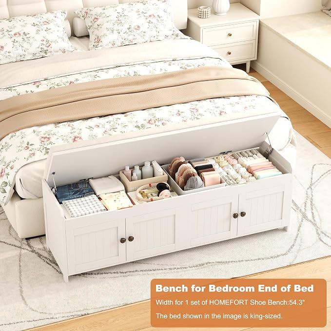 HOMEFORT 54.4" Shoe Bench with Lift Top Storage, Entryway Bench with Cushioned Seat, Wooden End of Bed Bench, Shoe Cabinet Bench with Hidden Storage Space, for Bedroom, Hallway,White