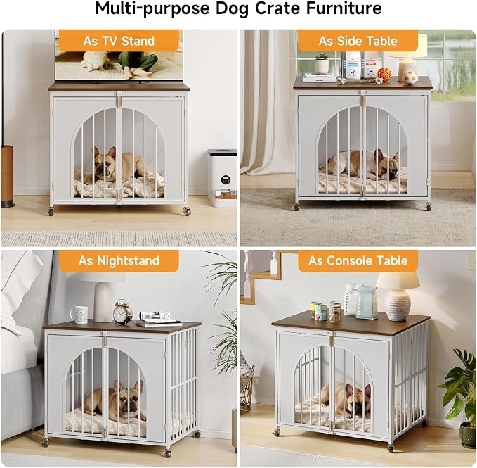 ONBRILL 31" Heavy Duty Foldable Dog Crate Furniture, Small Dogs, White | Fold it away when needed, while removable wheels and spring locks make everyday use more convenient