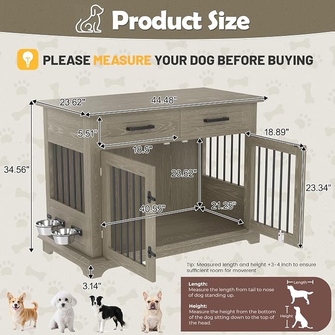 44.48" Dog Crate Furniture, Wooden Furniture Style Dog Crates with Drawers & Rotating Bowls, Indoor Dog Kennel End Table with Double Doors & Secure Locks for Medium to Large Dogs, Gray