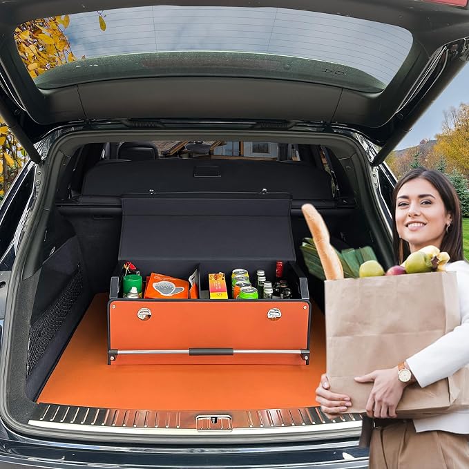 Car Trunk Organizer Leather Car Storage Organizer with Lid Car Organizer | Suv Trunk Organizer with Sturdy Handle Car Cargo Storage Box for Minivan, Sedan, Jeep (Orange, 27 x 11.4 x 12.2in)