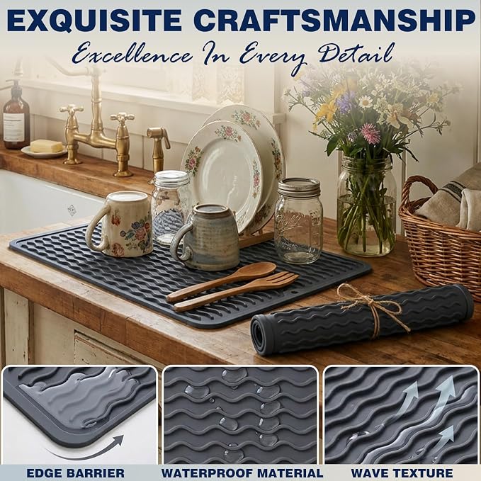 2 Pack Caketime Silicone Dish Drying Mat for Kitchen Counter Coffee Bar Accessories Heat Resistant Waterproof Dining Under Sink Organizers Dog food mat Must Haves Extra Large 18"x16" Gray