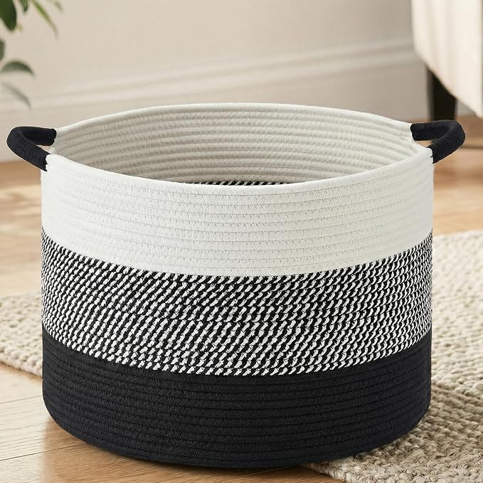 Artfeel 70L Large Cotton Rope Basket, Decorative Woven Blanket Storage for Living Room, Boho Toy Storage & Toy Box for Kids, Versatile Laundry Basket & Nursery Hamper for Blankets(Black)