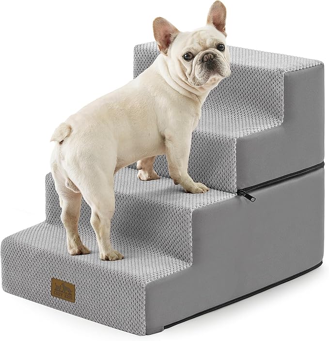 COZY KISS Dog Stairs for Small Dogs, 4 Step Pet Stairs for Beds & Couches | 17.7" H Extra Wider Non-Slip Dog Steps with Removable Tiers & Support Board for Puppies, Older Cats & Dogs, Grey