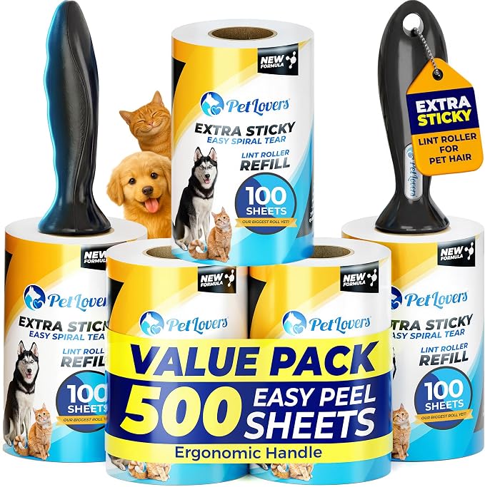 PetLovers Extra Sticky Lint Roller Mega Value Set 500 Sheets for Pet Hair Removal and Clothes, Dog and Cat Lint Remover 5 Pack