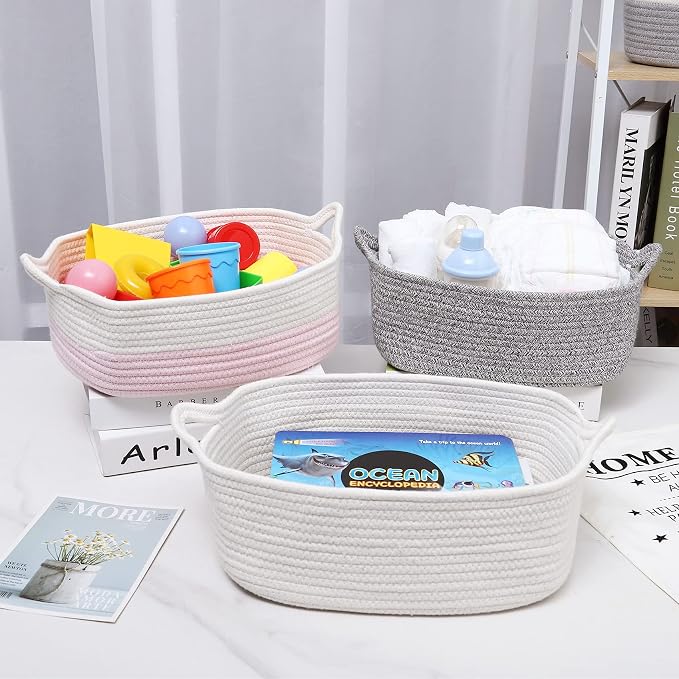 ABenkle Small Storage Basket with Handles, Cotton Rope Woven Dog Cat Toy Bin, Decorative Shelves Closet Organizing for Nursery Laundry Bedroom Bathroom, 14.2''x 11''x 5.1''