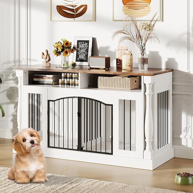 63" Large Dog Crate Furniture for Small & Medium Dogs, Roman Column Kennel Furniture with Semi-Open Storage, TV Stand Dog Cage Table, Heavy Duty Indoor Dog Kennel, White+Rustic Brown Top