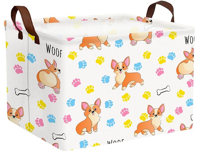 Medium Dog Toy Storage Basket Collapsible Pet Bin Box with Handles Large Puppy Box Stuff Organizer Living Room Decor(Color Paw)