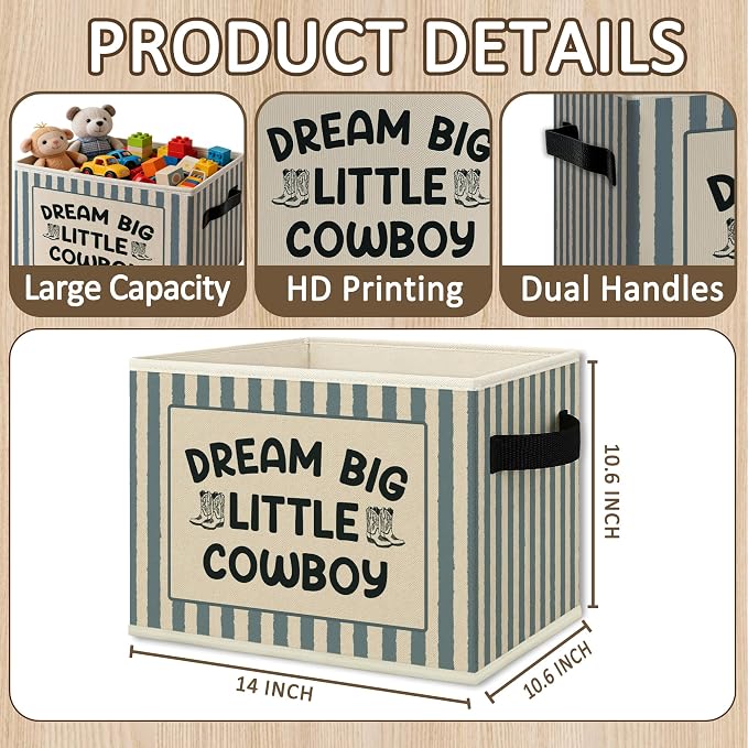 Western Cowboy Nursery Cube Storage Bins with Handles, Dream Big Little Cowboy Boys Collapsible Fabric Storage Basket Boxes Books Clothes Organizer for Kids Boy Nursery Bedroom Bathroom