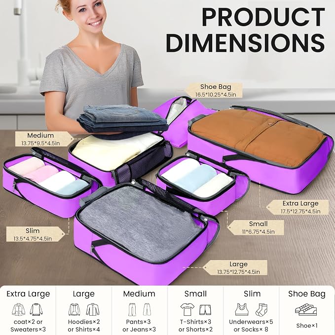 BAGAIL 4 Set/6 Set/8 Set Compression Packing Cubes Travel Accessories Expandable Packing Organizers(Purple HalfMesh 6 Set)