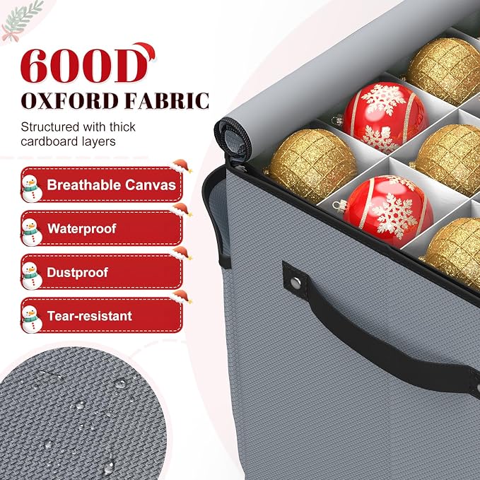 Keten Large Christmas Ornament Storage Boxes with Adjustable Dividers | Stores up to 128 Holiday Ornaments 3-Inch, 8 Individual Trays with Handles,48 Dividers, Zippered Lid, 600D Oxford (Grey)