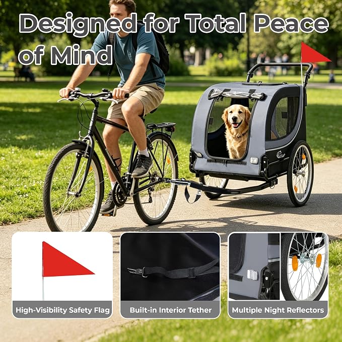 2-in-1 Bike Trailer & Pet Stroller for Dogs up to 100lbs– Foldable Pet Carrier Cart with Two 8'' Front Caster & 20'' Quick Release Air-Filled Wheels, Breathable Mesh and PVC Rain Cover, Gray
