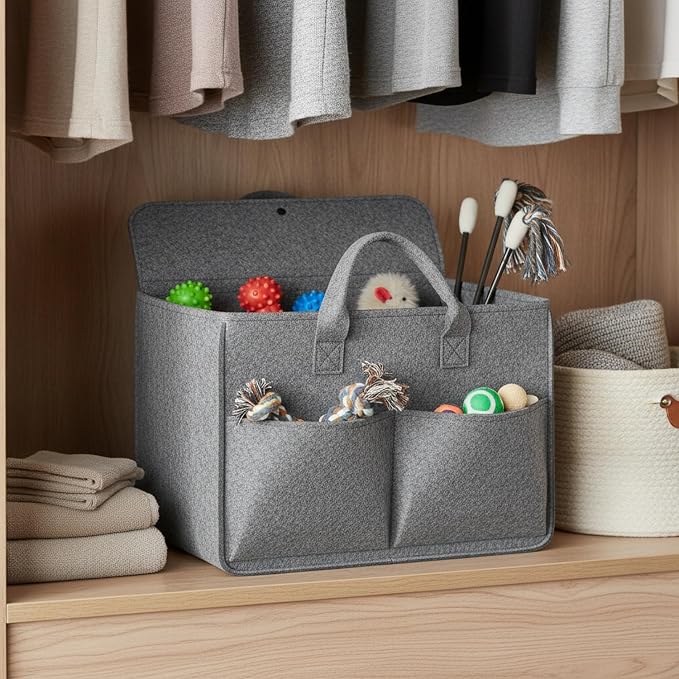 Pet Toy Storage Bag, Polyester Felt Bin for Cat and Dog Toys, Open Top Organizer for Shelves and Living Room, 13 x 3.3 x 1.6 Inches (1 PC)