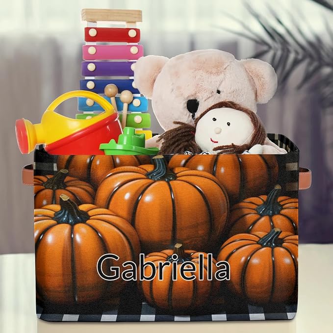Personalized Storage Bins for Boys, Customized Name Orange Pumpkins Black White Plaid Storage Basket Rectangle Clothes Organizer for Organizing Kids and Pets Toys Shelf Closet