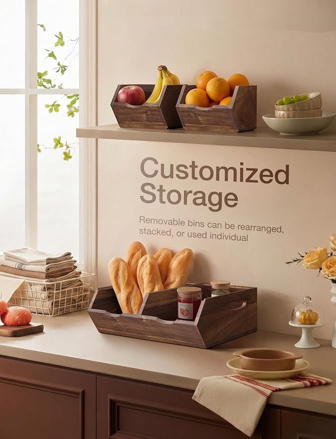 Tidita Acacia Wood Potato & Onion Storage Bin, Stackable (Patent Pending) | Walnut Finish, Solid Acacia Wood, No Assembly, 3 Stackable Bins, Integrated Handles, 50LBS Capacity, Non-Skid Pads, Multi-Use