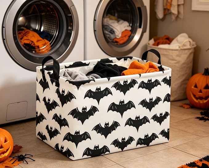 Halloween Basket Empty for Rectangular bat Storage Bins Organizer Bin Box Cute Bat Room Decor for Home(Black Bats)