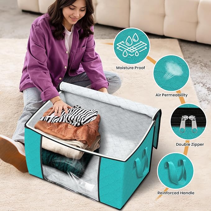 90L Clothes Storage, Foldable Thick Fabric Blanket Storage Bags | Foldable Containers with Zippers,Window and Handles for Organizing Bedroom, Closet, Comforter, Bedding,Dorm essentials