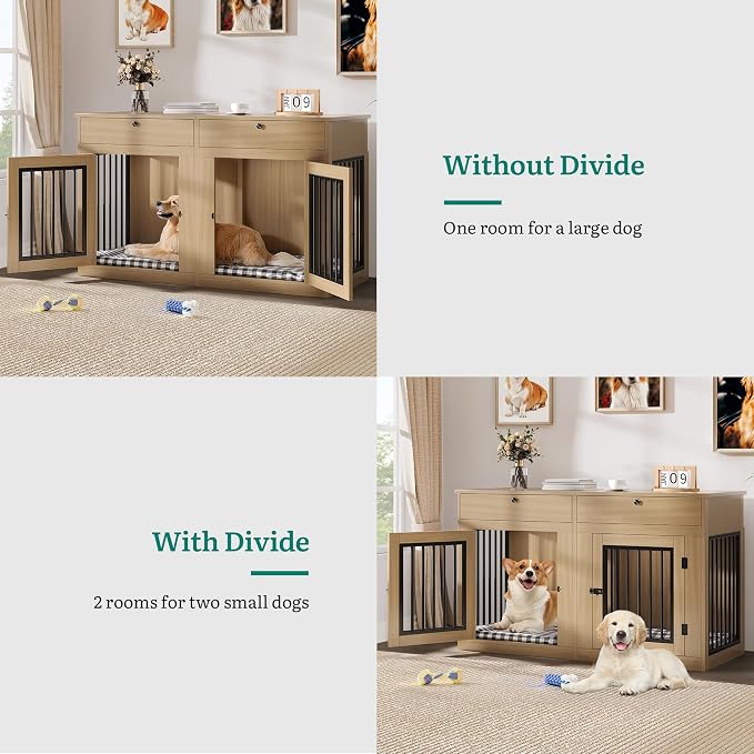 YITAHOME 60" Dog Crate Furniture with Removable Divider & Storage Drawers | Double Door Kennel with Locks for Medium and Large Dogs, Multi-functional Dog Crate End Table, Light Beige