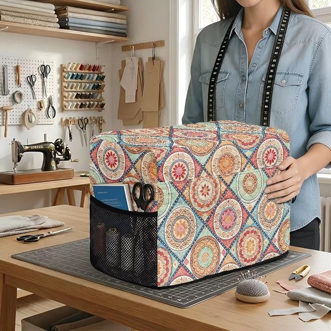 Sewing Machine Cover Polyester Febric Diamond Vintage Mandala | Dust Pet Hair Protection,Quilting Design,Fits Standard Singer,Brother Janome Machines,Protecting Decorating Your Sewing Space