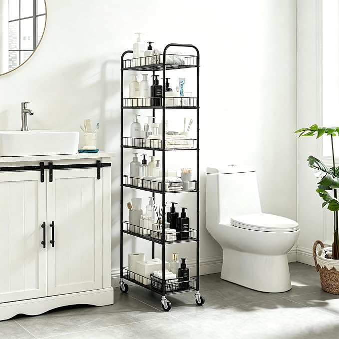 Slim Rolling Storage Cart with Wheels,10in 6 Tier Black | Narrow Space Rolling Shelving Unit , Metal Wire Mobile Organizer Rack for Kitchen Bathroom Office Laundry