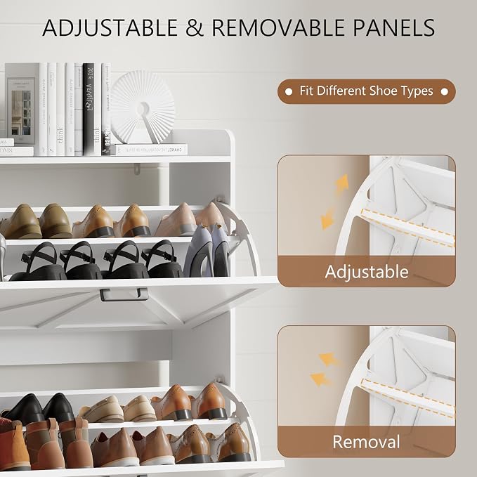 Xixini Shoe Storage Cabinet with 3 Flip Drawers, Entryway Shoe Rack, White | Freestanding Narrow Shoe Storage, Hidden Slim Wood Shoe Organizer, Modern Farmhouse, Open Storage & Hooks for Closet, Hallway