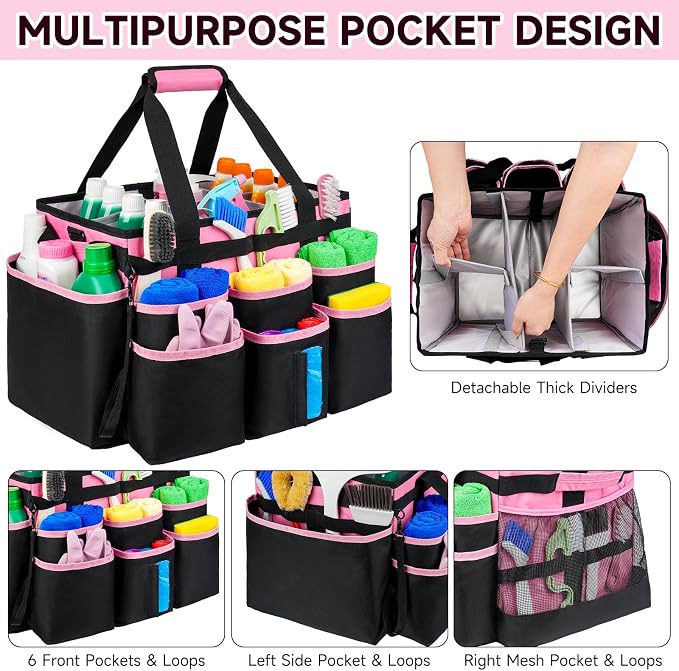 Large Rolling Cleaning Caddy Bag with Detachable Trolley,Cleaning Cart on Wheels with Shoulder Strap,Cleaning Supplies Organizer for Housekeepers,PInk