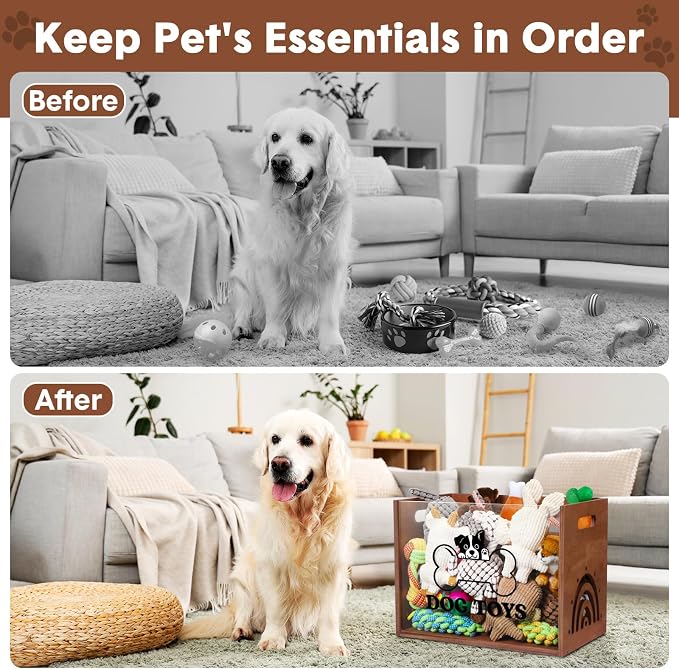 Beeveer Large Dog Toy Basket Dog Toy Box Wooden Storage Bin with Acrylic Board Storage Box for Puppy Toys Pet Food and Accessories Organizer Holder Basket for Living Room Area(Brown, Dog)