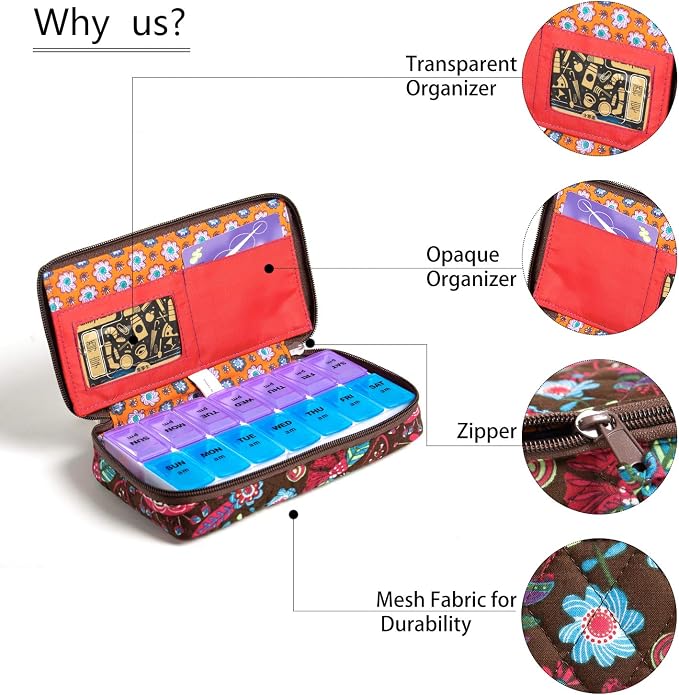 Weekly Pill Organizer 2 Times a Day, Zumd Pill Box 7 Day with Cute Quilted Fabric Zipper Case, Travel Pill Case Am Pm for Vitamin Medicine Organizer