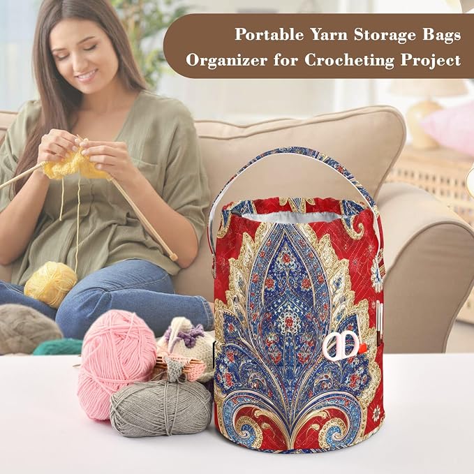 Tatenale Crochet Bag Yarn Bag Knitting Project Bag with Pockets and Handle Portable Yarn Storage Organizer Tangle Free 8.3x11 InchRed Vintage Paisley29