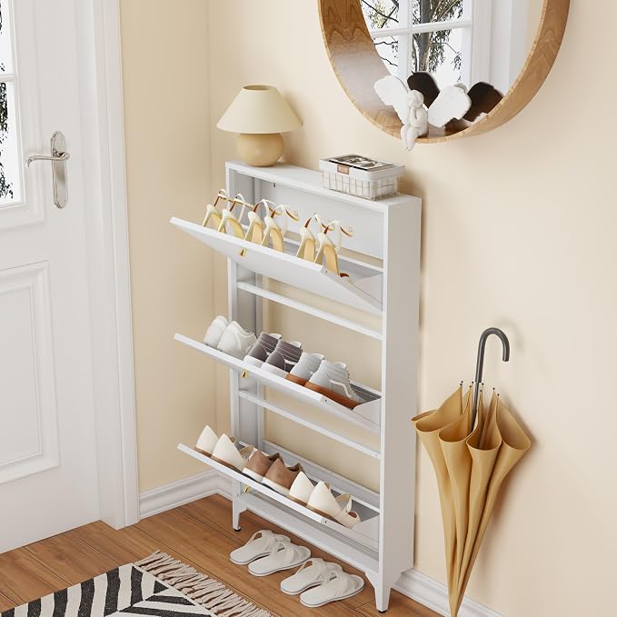 Shoe Cabinet with 3 Flip Drawers, Narrow Shoe Storage Cabinet, Farmhouse Shoe Organizer, Freestanding Organizer with Metal Legs for Entryway, Foyer (White, 3 Door)