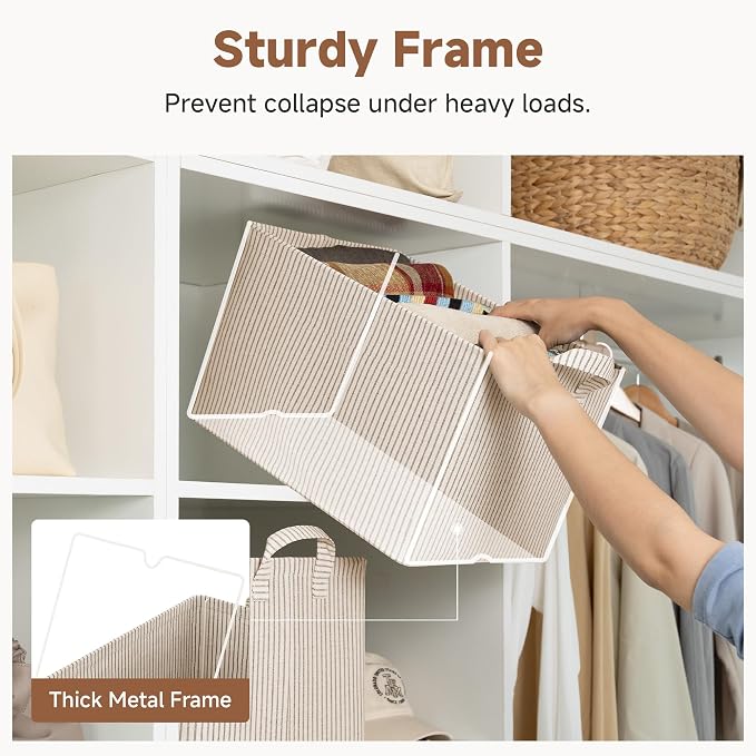 StorageWorks Fabric Storage Bins, Khaki and Beige Stripes, 2-Pack | With Reinforced Handles, Metal Frame, Sturdy Structure, Collapsible, for Closet, Shelves, Holds Clothes, Towels, Blankets