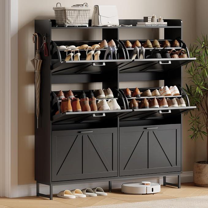 Xixini Shoe Storage Cabinet with 6 Flip Drawers, Entryway Shoe Rack, Black | Freestanding Narrow Shoe Storage, Hidden Slim Wood Shoe Organizer, Modern Farmhouse, Open Storage & Hooks for Closet, Hallway
