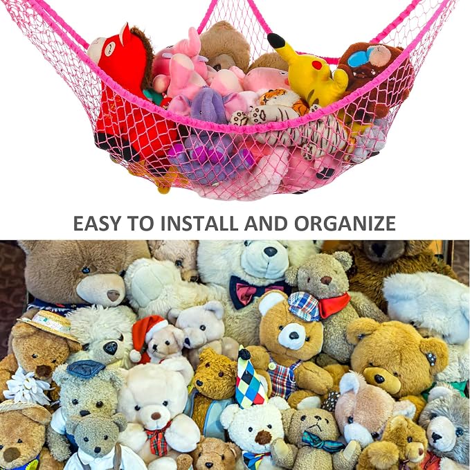 Toy Hammock, Stuffed Animals Hammock, Jumbo Toy Storage Net 83" Wall Sling Corner Extra Large Kids Children Mesh Toy Net Organizer (Pink, 83 Inch)