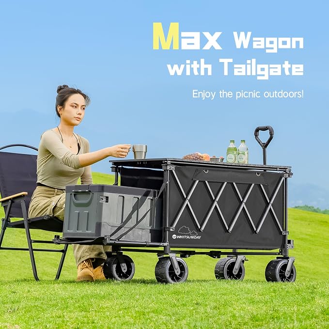Whitsunday Collapsible Folding Wagon with Table, Heavy Duty Utility Beach Wagons with Opened Tailgate and All-Terrain Wheels for Camping,Garden,Sports (Max Black)