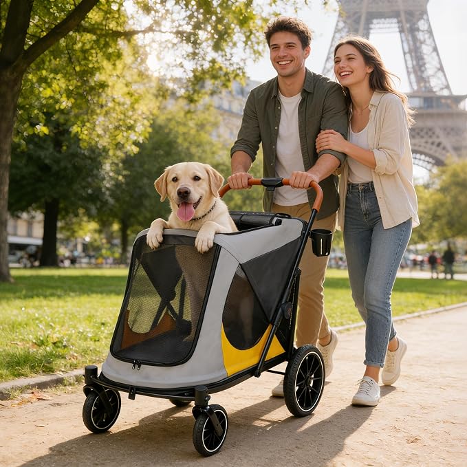 Dog Stroller for Large-Dogs: Easy Fold Dual Entry Onefoot Brake | All Terrain Dog Wagon Cart with Air Mesh, Ideal for Breeds up to 92 lbs