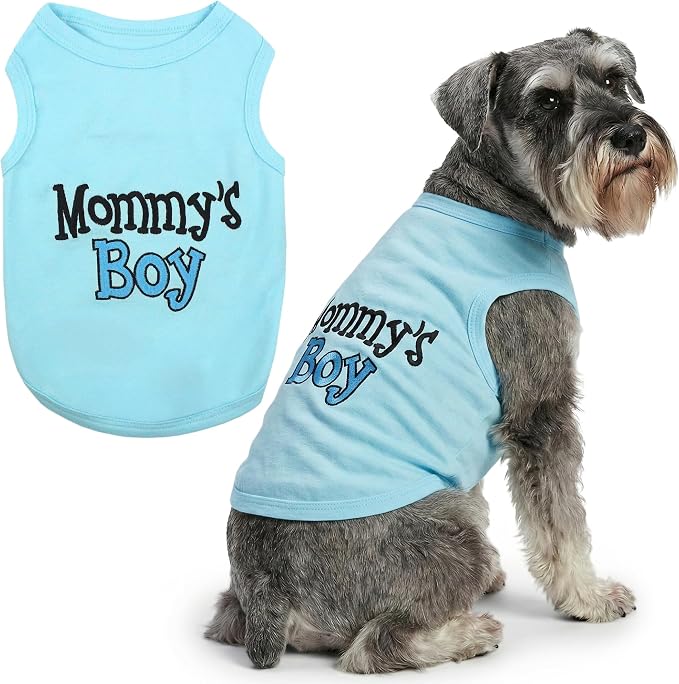 Parisian Pet Dog Shirt for Mother's Day – 100% Cotton Shirts for Large Dogs – Blue Sleeveless Puppy Clothes – Lightweight and Breathable Dog Apparel – Boy Dogs Clothes - Stretchy Mommy’s Boy Pet Shirt