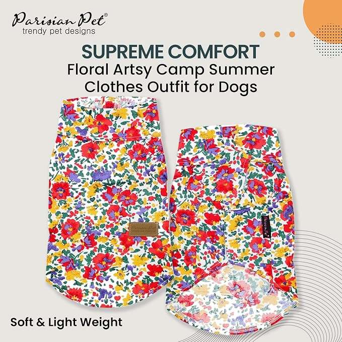 Parisian Pet Floral Dog Shirt - Cotton Clothes for Large Dogs - Stylish Dog Beach Outfit - Lightweight and Soft Puppy Clothes - Trendy Camp Tshirts for Dogs - Comfortable Summer Vacation Pet Apparel