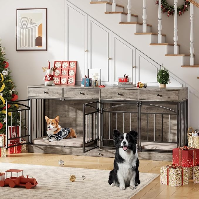 Dog Crate Furniture for 2 Dogs, Double Dog Crate TV Stand, Gray | 78.7'' Large Dog Kennel Indoor, 4 Storage Drawers and Feeding Bowls, Pet Kennel for Small and Medium Dogs