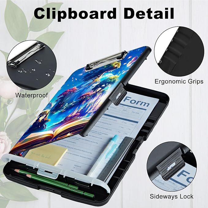 Book Trees A4 Clipboard with Storage Pen Holder, Clipboards Organizer Nursing Clipboard Foldable File Folder Plastic Clipboard Folio Clip Board for Office Students Classroom Doctor