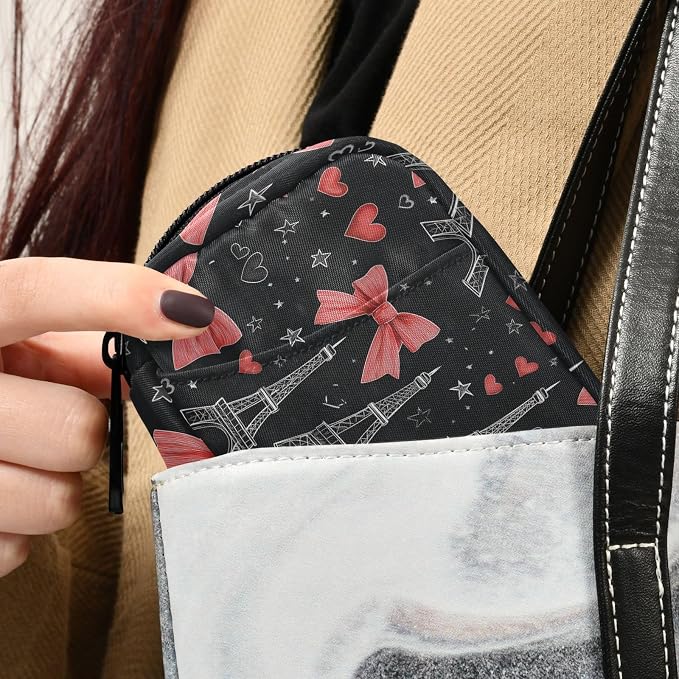 Fustylead Hand Draw Eiffel Towers Hearts Stars Red Bow Tie Travel Pill Organizer Bag with Zipper Small Pill Box 7 Day Pill Case for Purse Storage Weekly Vitamin Medicine Supplement