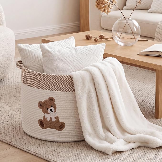 LemonRoad Extra Large Basket 20"x14", Woven Basket for Laundry Blanket Toy Box with Handle Storage, Blanket Storage for Living Room Nursery Pillows Chest(Cotton Rope,Bear,Brown White)