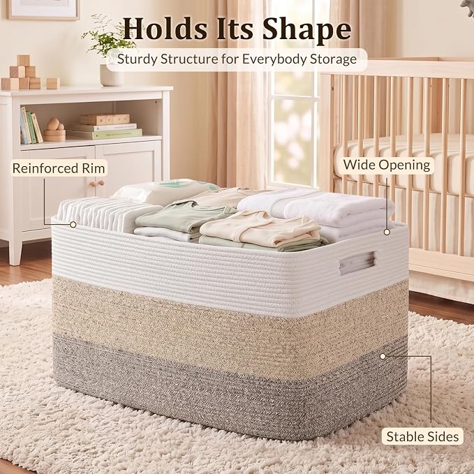 OIAHOMY 108L Super Large Blanket Basket, 25”x16”x16”(108L) Rectangle Woven Baskets for Storage, Cotton Rope Basket For Living Room, Toy Storage with Handle- Gradient Brown