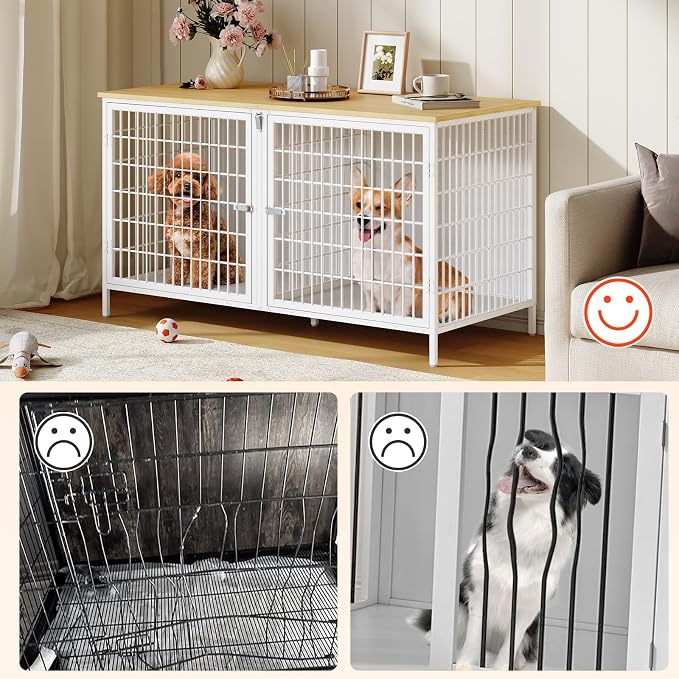 MAHANCRIS Dog Crate Furniture for 2 Dogs, 43.3" Dog Kennel with Removable Divider, Heavy Sturdy Dog Furniture Style Double Cage for Small Medium Dogs, Indoor Pet House End Table, Natural and White