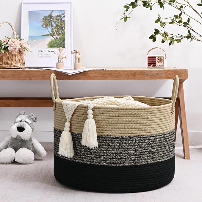 67L Large Woven Blanket Basket, Cotton Rope Baby Laundry Hamper with Handles, Kids Toy Basket for Classroom & Nursery, Soft Round Stuffed Animal Storage, Dog Toy Bin - 20"x13", Black & Brown