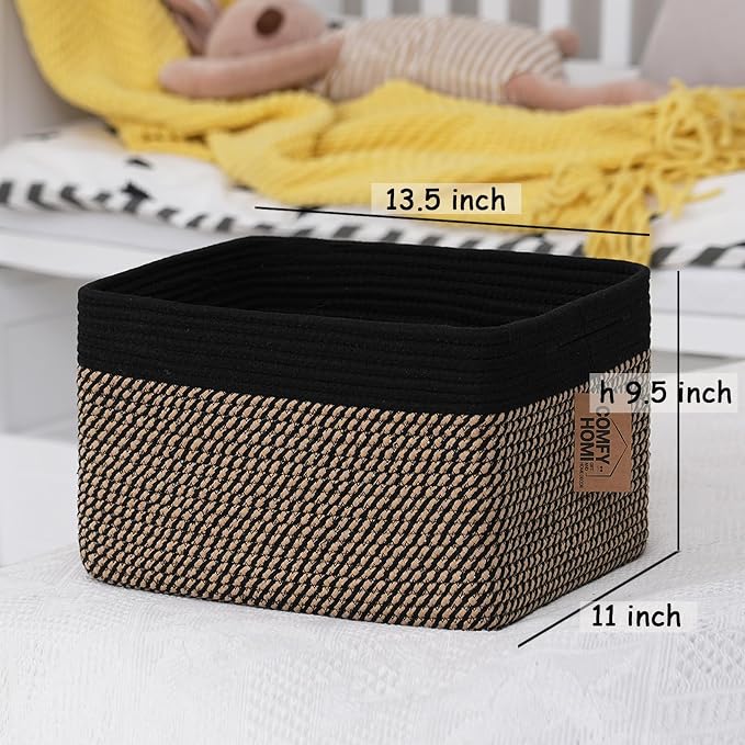 COMFY-HOMI Cotton Rope Woven Basket with Handles for Shelves,Toys,Book, Cloth Storage Baskets Bin for Organizing- 1 PCSToy Decorative Organizer for Living Room, Bathroom