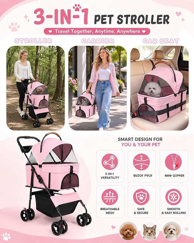 Pet Stroller, 3 in1 Foldable Dog Cat Stroller with Detachable Carrier-35lbs | Lightweight Foldable Dog Stroller, All-Terrain 4 Wheels, Compact Travel Pet Stroller for Small to Medium Pets-Pink