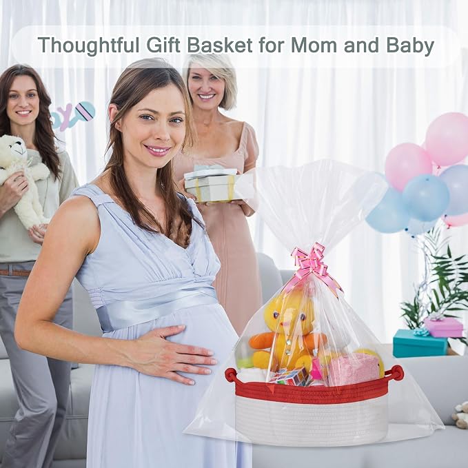 COMSE Small Gift Basket Empty with Bag & Ribbons, Red & White | Cotton Rope, 12"x 8"x 5", Pet Toy Storage Organizer, Woven Basket for Birthdays, Baby Showers, Mother’s Day, Valentine’s Day
