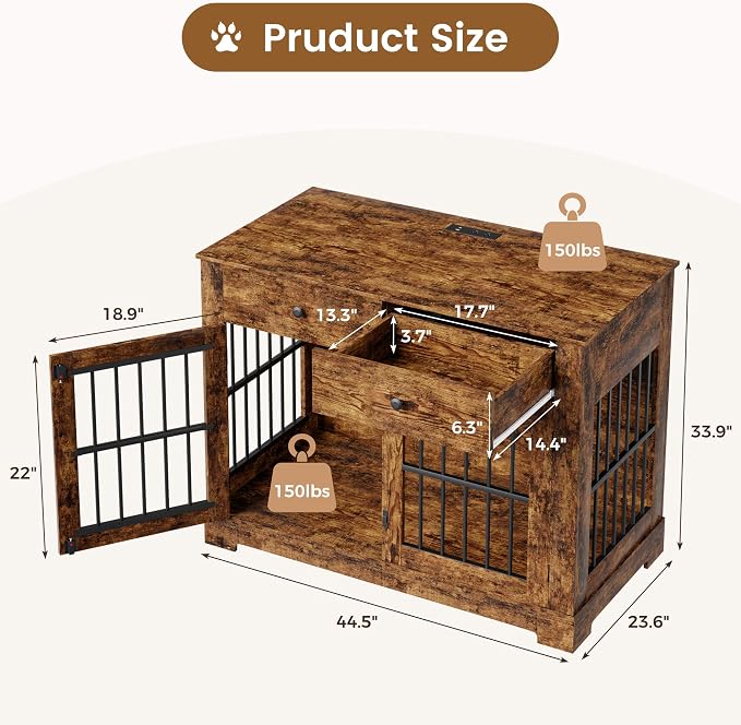 44.5'' Dog Crate Furniture with Storage Dog Kennel w/2 Drawers, Heavy-Duty Wooden Dog House Indoor End Table Tv Stand with Charging Station Pet Cage for Small/Medium Dogs(Brown)
