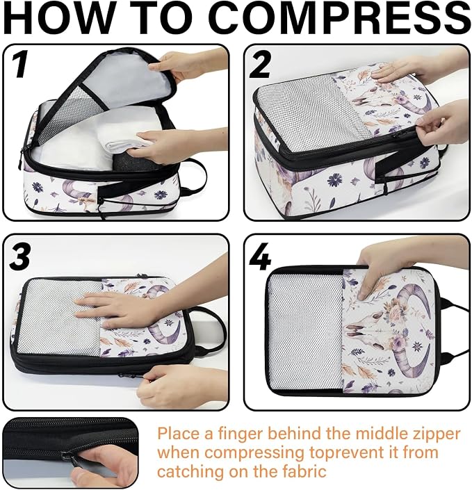 Bull Skull 6 Set Compression Packing Cubes | Western Retro Boho Floral Travel Accessories Expandable Packing Organizers Space Saver Bags for Organizing Clothes