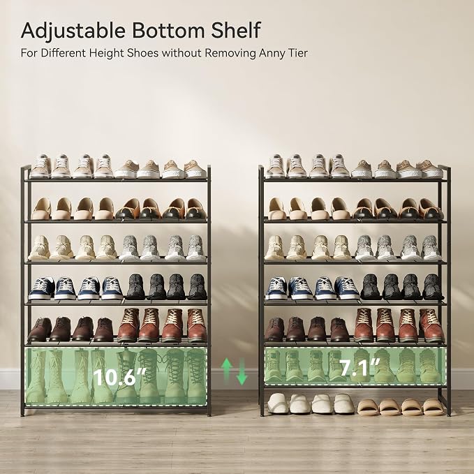 Nunsino Shoe Rack, Metal Shoe Organizer, 6 Tier Garage Shoe Rack Max Holds 30 Pairs,Shoe Storage Shelf for Closet,Entryway, Black