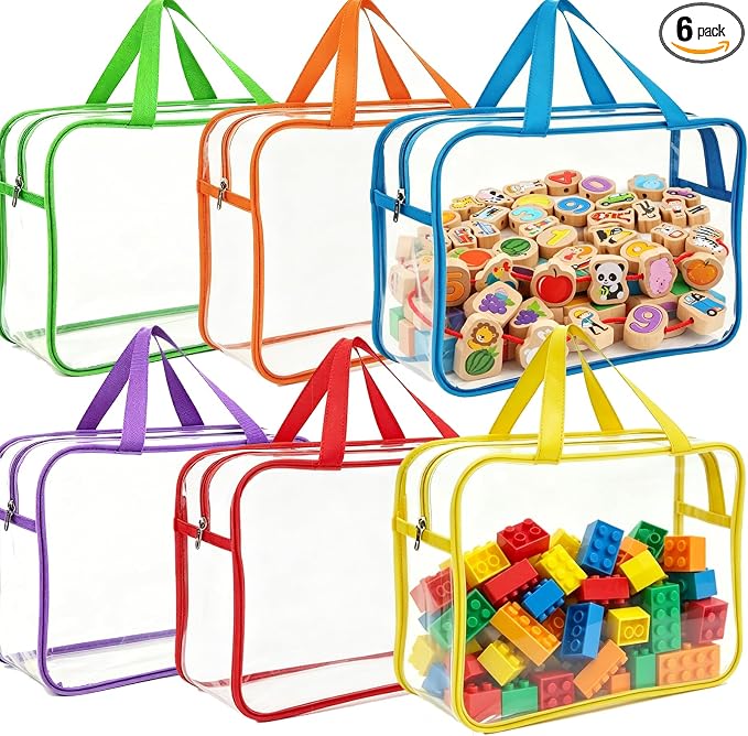6 Pack Clear Toy Storage Bags with Zipper, Large Waterproof PVC Toy Organizer Bags for Kids, Reusable Puzzle Storage Pouches for Board Games, Books, Blocks and Classroom Supplies